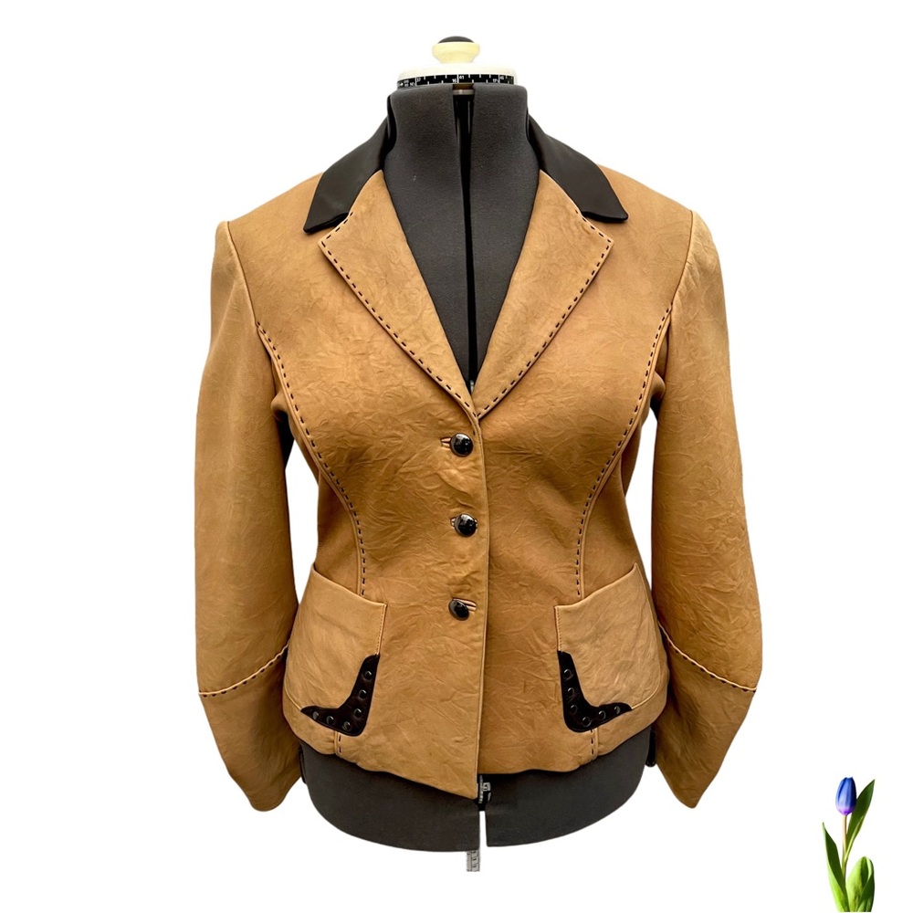 Vintage Cortina Leather Blazer, Jacket, stitch details,  Camel, Size M